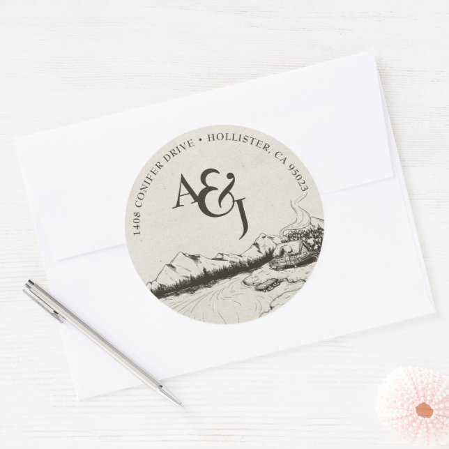 Sticker Rond Mariage Montagnard d'Hiver Rustique Monogramme (Enveloppe)