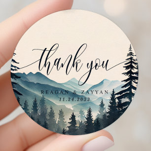 Sticker Rond Mariage Montagne Pin Aquarelle Remerciements