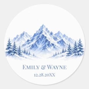 Sticker Rond Mariage Montagnes Aquarelle Eau Bleue et Neige