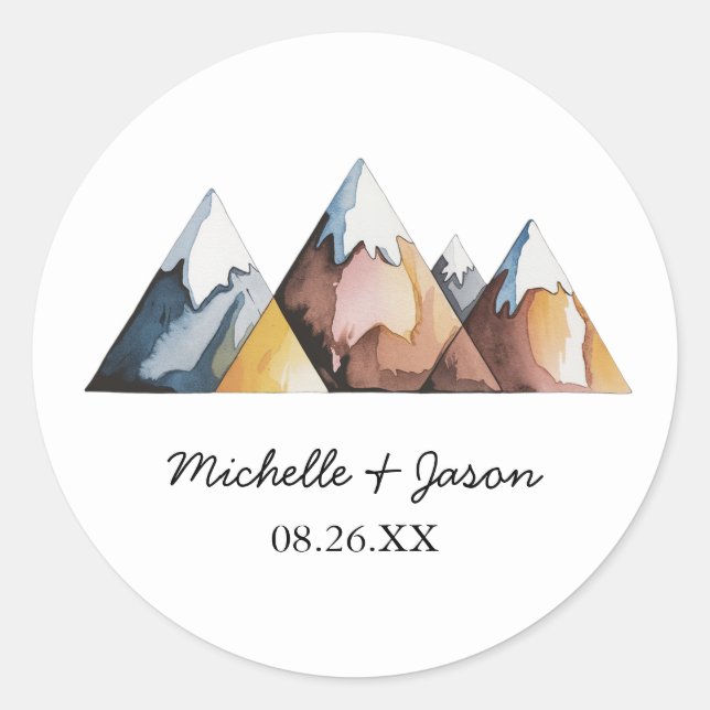 Sticker Rond Mariage Montagnes Aquarelle Tendance Moderne       (Devant)