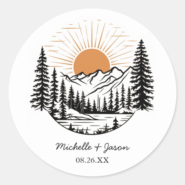Sticker Rond Mariage Montagnes Art Ligne Moderne Tendance       (Devant)