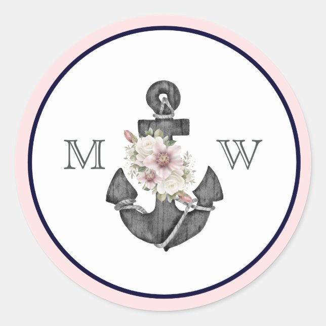 Sticker Rond Mariage nautique Ancre florale rose et marine (Devant)