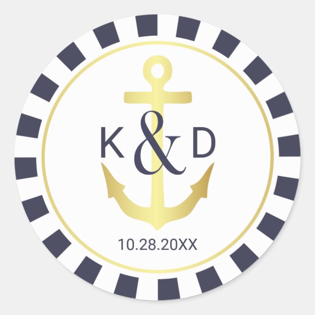 Sticker Rond Mariage nautique de marine et d'or (Devant)