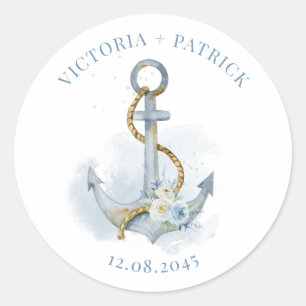 Sticker Rond Mariage Nautique Fleur Anchor Aquarelle Bleue