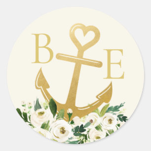 Sticker Rond Mariage nautique Gold Heart Ancre Favoriser Étique