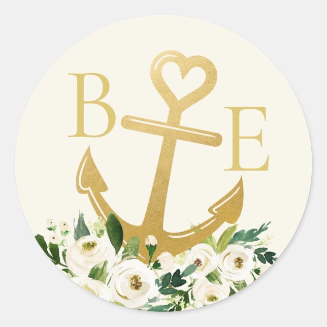 Sticker Rond Mariage nautique Gold Heart Ancre Favoriser Étique (Devant)