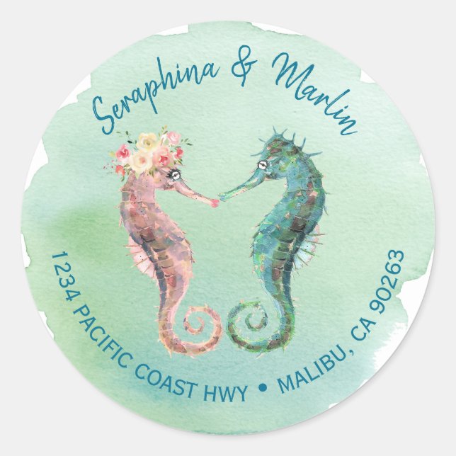 Sticker Rond Mariage Nautique Seahorse Adresse de retour Seals (Devant)