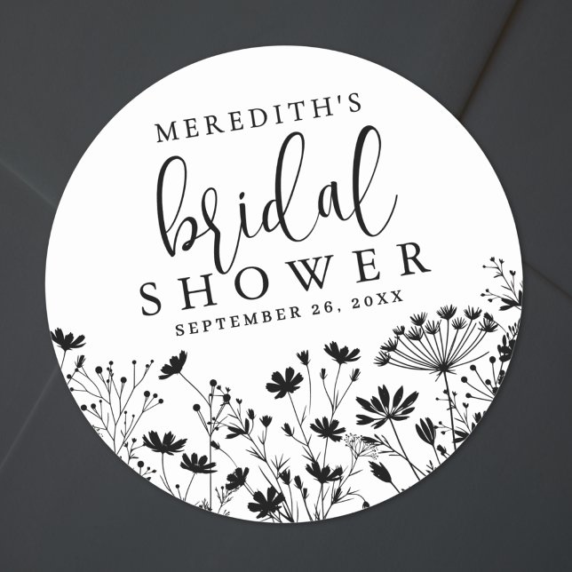 Sticker Rond Mariage Noir Blanc Fleur Sauvage (Black White Wildflower Bridal Shower Classic Round Sticker )