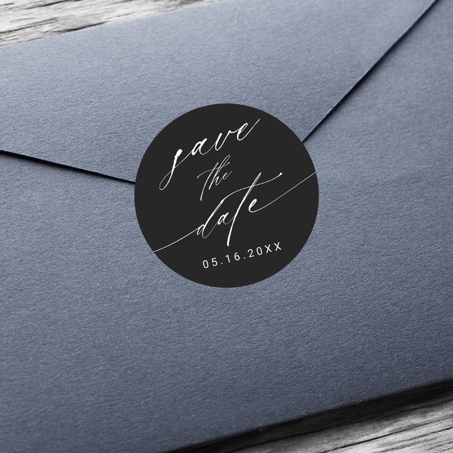 Sticker Rond Mariage noir et blanc élégant Enregistrer la date (Créateur téléchargé)