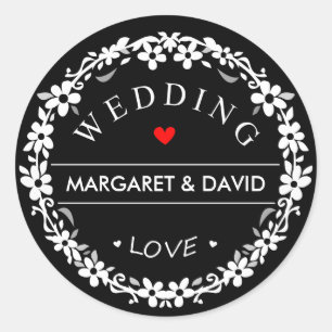 Sticker Rond Mariage noir et blanc Noms de coeur rouge Étiquett