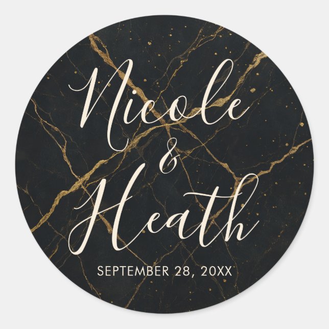 Sticker Rond Mariage noir et or Marbre de Minuit Doré  (Devant)