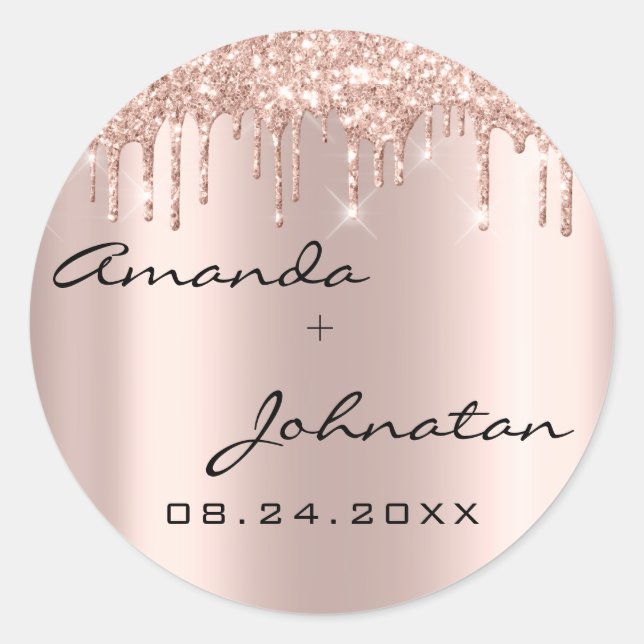 Sticker Rond Mariage Noir Rose Drips Nom Date (Devant)
