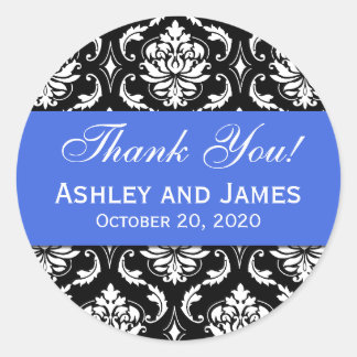 Sticker Rond Mariage noir Royal bleu noir Damask Merci Étiquett