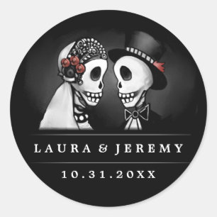 Sticker Rond Mariage noir Skeletons Red Roses Enveloppe Étiquet