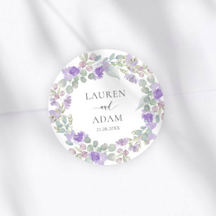 Sticker Rond Mariage Noms de Couple Floral Violet Bohème