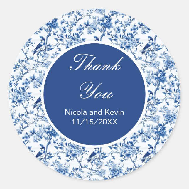 Sticker Rond Mariage Oiseaux Bleus et Fleurs Chinoiserie (Devant)