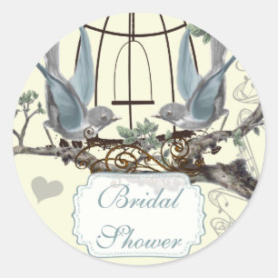 Sticker Rond Mariage Oiseaux Bleus Vintage Timbre de Mariée
