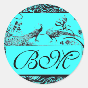Sticker Rond MARIAGE OISEAUX DE L'AMOUR MONOGRAMME, noir et bla