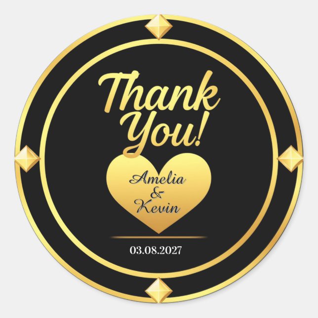 Sticker Rond 💛 Mariage Or Noir Et D'or Merci 🌹 (Devant)