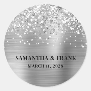 Sticker Rond Mariage Pailleté Argenté Feuille de Luxe