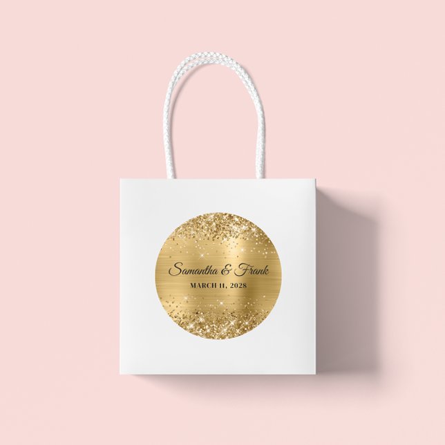 Sticker Rond Mariage Pailleté Feuille d'Or (Glittery Gold Foil Wedding Classic Round Sticker)