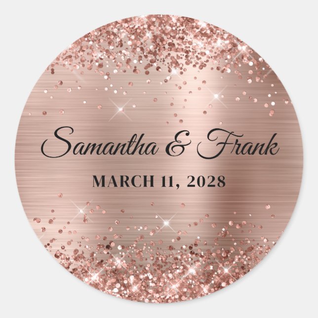 Sticker Rond Mariage Pailleté Or Rose Feuille (Devant)