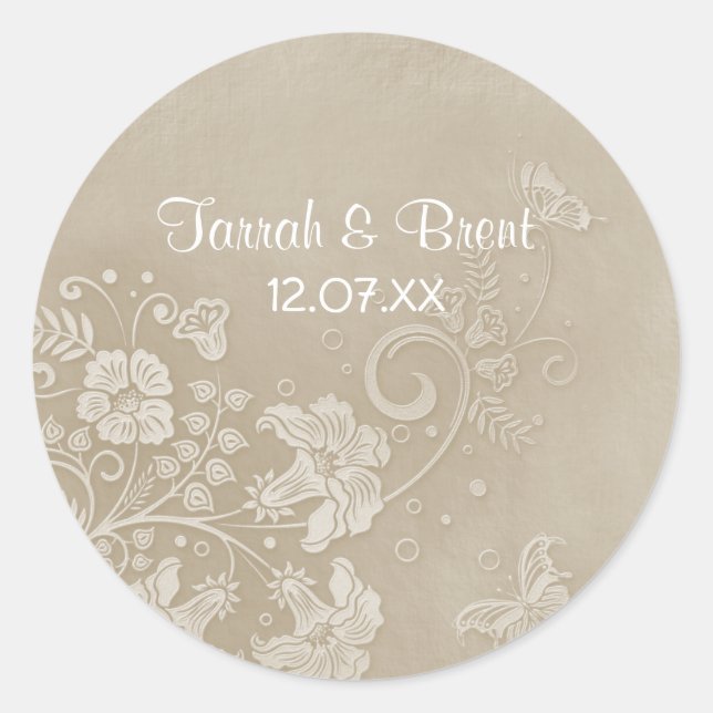 Sticker Rond Mariage papillon de dentelle florale (Devant)
