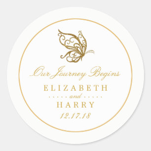 Sticker Rond Mariage papillon vintage Parties scintillant or