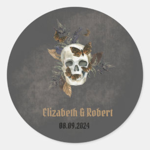 Sticker Rond Mariage Papillons de crâne floral gothique