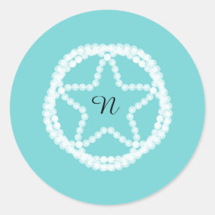 Sticker Rond Mariage Perle Étoile Blanc Sarcelle Douceur
