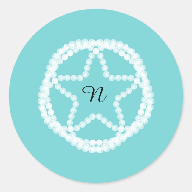 Sticker Rond Mariage Perle Étoile Blanc Sarcelle Douceur (Devant)