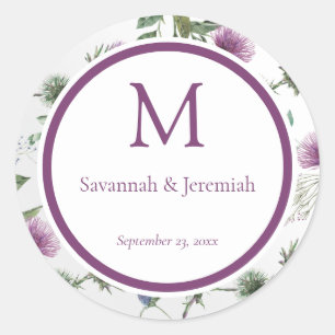 Sticker Rond Mariage Personnalisable Chic violet chardon Floral