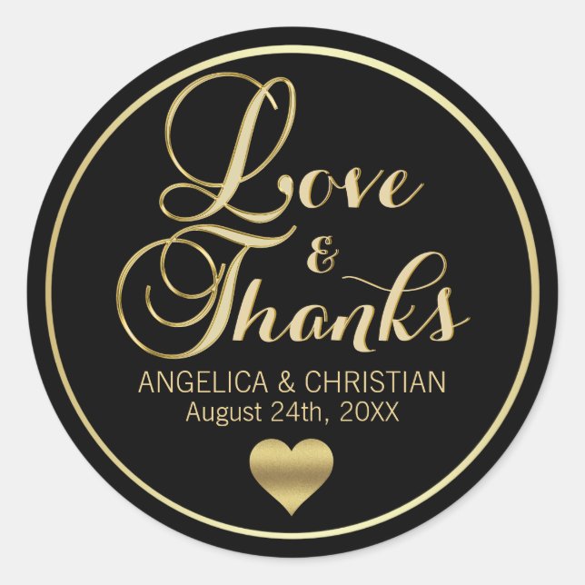 Sticker Rond Mariage personnalisé Black Gold LOVE & MERCI (Devant)