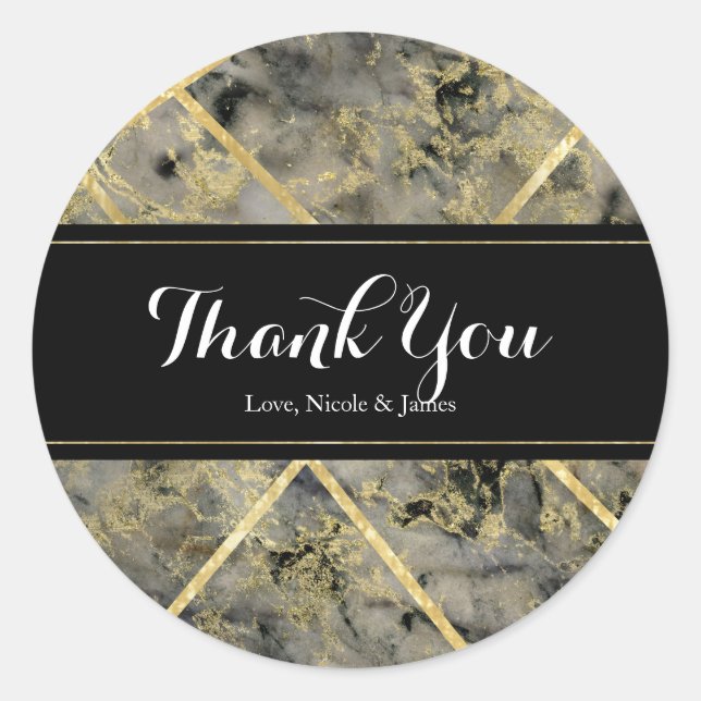 Sticker Rond Mariage personnalisé Black & Gold Marble Glam (Devant)
