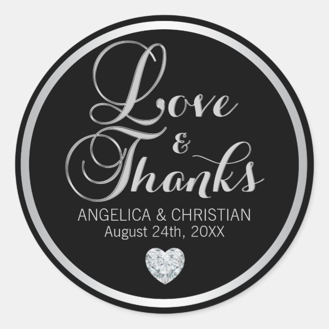 Sticker Rond Mariage personnalisé Black Silver LOVE & MERCI (Devant)