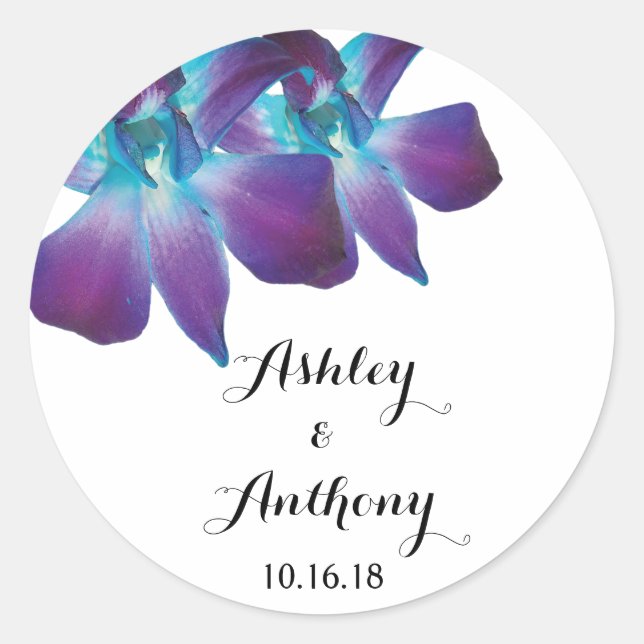 Sticker Rond Mariage personnalisé Blue Dendrobium Orchid (Devant)