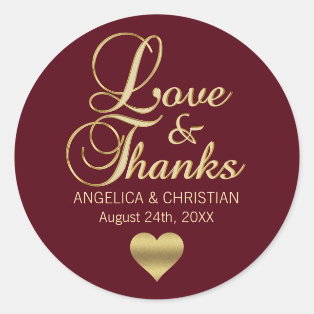 Sticker Rond Mariage personnalisé Burgundy Gold LOVE & MERCI (Devant)