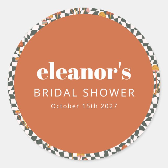 Sticker Rond Mariage Personnalisé Champignon Orange Damier Rétr (Devant)