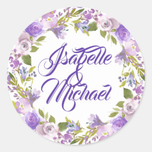 Sticker Rond Mariage personnalisé de la couronne florale violet