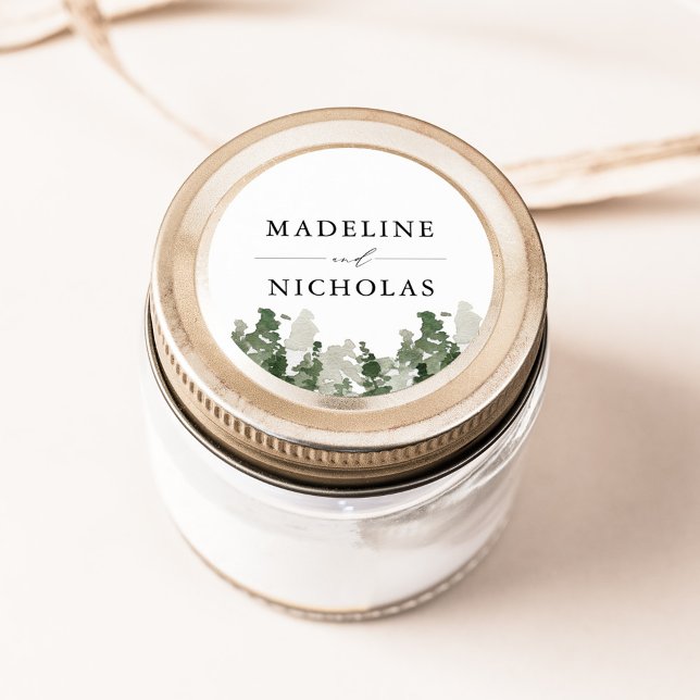 Sticker Rond Mariage personnalisé de la forêt de pins rustiques (Créateur téléchargé)