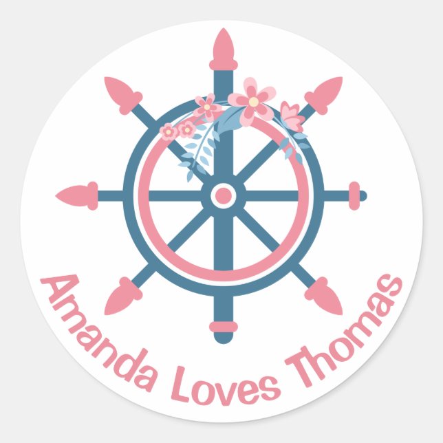 Sticker Rond Mariage personnalisé en bleu rose de roue de navir (Devant)