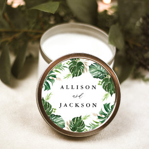 Sticker Rond Mariage Personnalisé Feuilles Tropicales Modernes