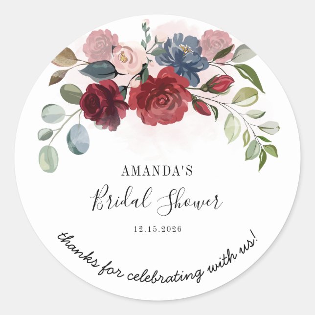 Sticker Rond Mariage personnalisé floral burgundy rustique (Devant)