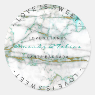 Sticker Rond Mariage personnalisé Merci Mint Marbre blanc Or