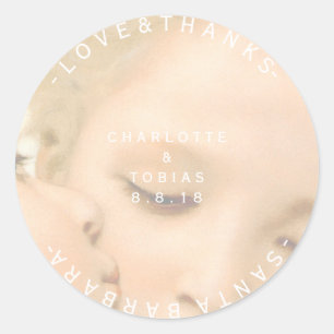 Sticker Rond Mariage personnalisé Merci photo Delicate blanc su