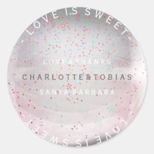 Sticker Rond Mariage personnalisé Merci Turquoise rose pastel v
