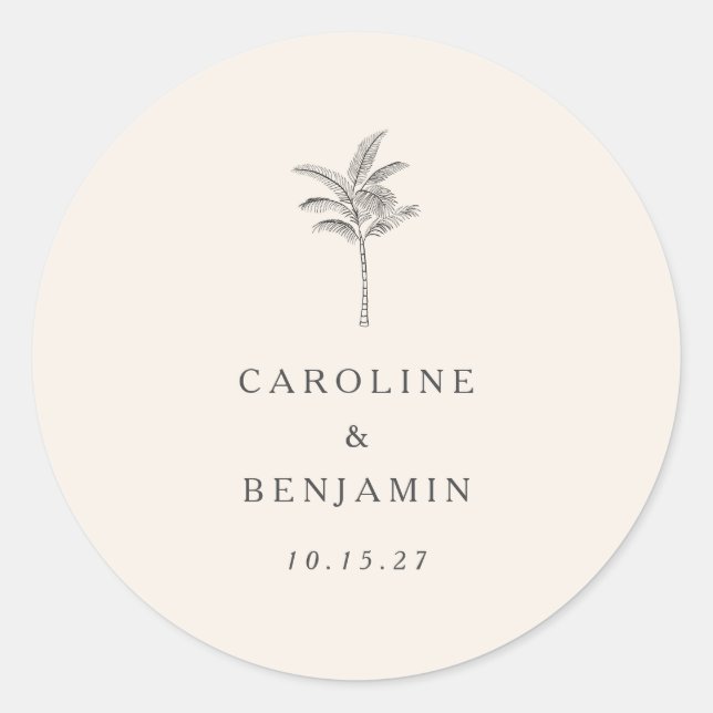 Sticker Rond Mariage personnalisé minimaliste Ecru Palm Tree Li (Devant)