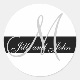 Sticker Rond Mariage Personnalisé Monogramme M Noms Sceau noir
