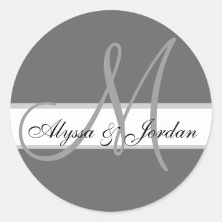 Sticker Rond Mariage Personnalisé Monogramme & Noms Sceau gris