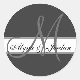 Sticker Rond Mariage Personnalisé Monogramme & Noms Sceau gris